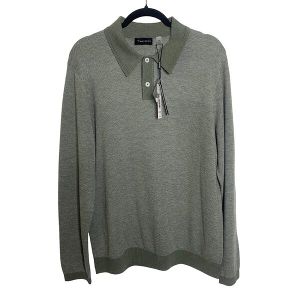 Tahari Wool Blend Polo Sweater Mens M Sage Green Long Sleeve Knit Relaxed - Picture 1 of 9
